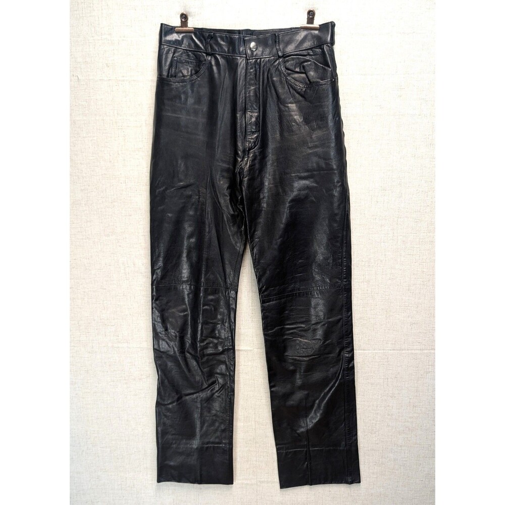 Vintage 1980s Banzai Black Leather Pants Lined High Rise Straight Leg Size 29